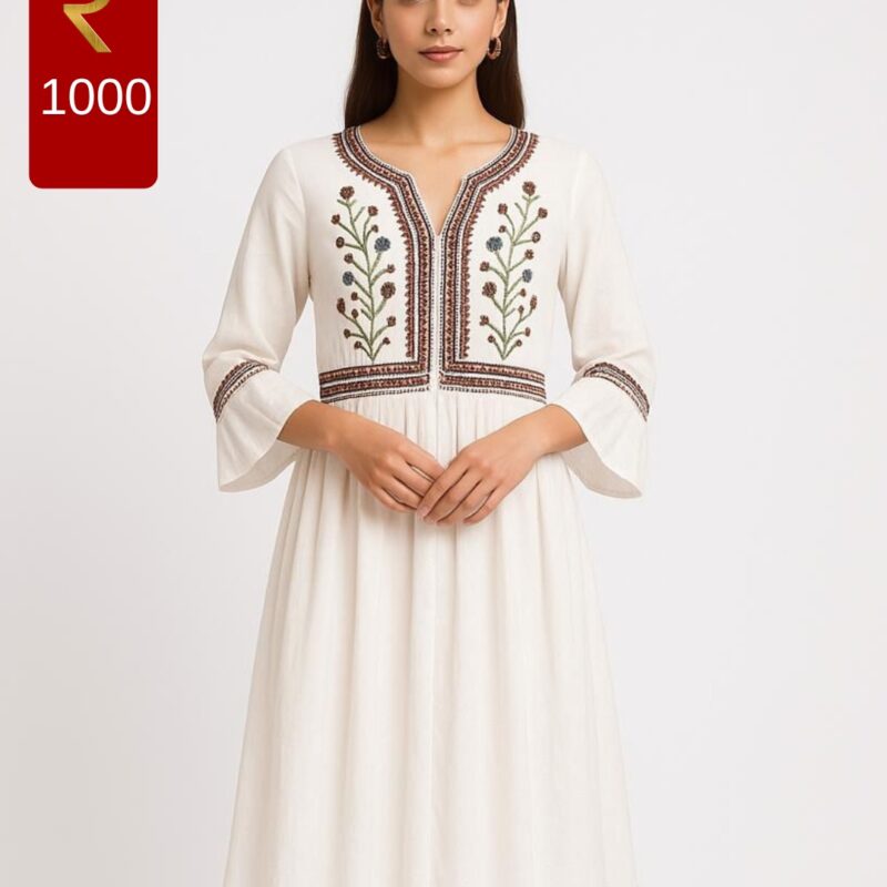 white kurti with multicolor embroidery