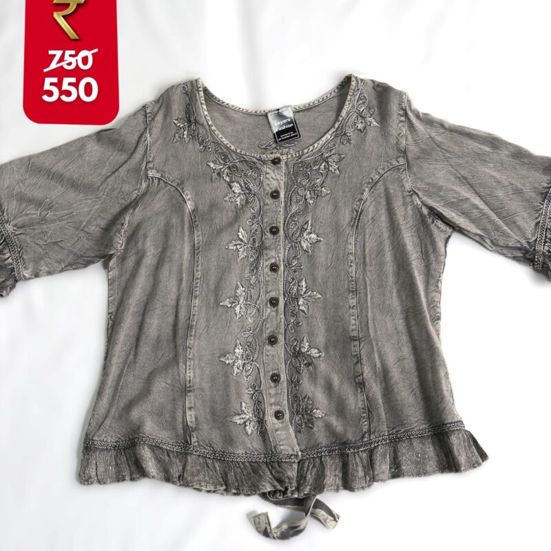 Grey Embroidered Button-Down Top