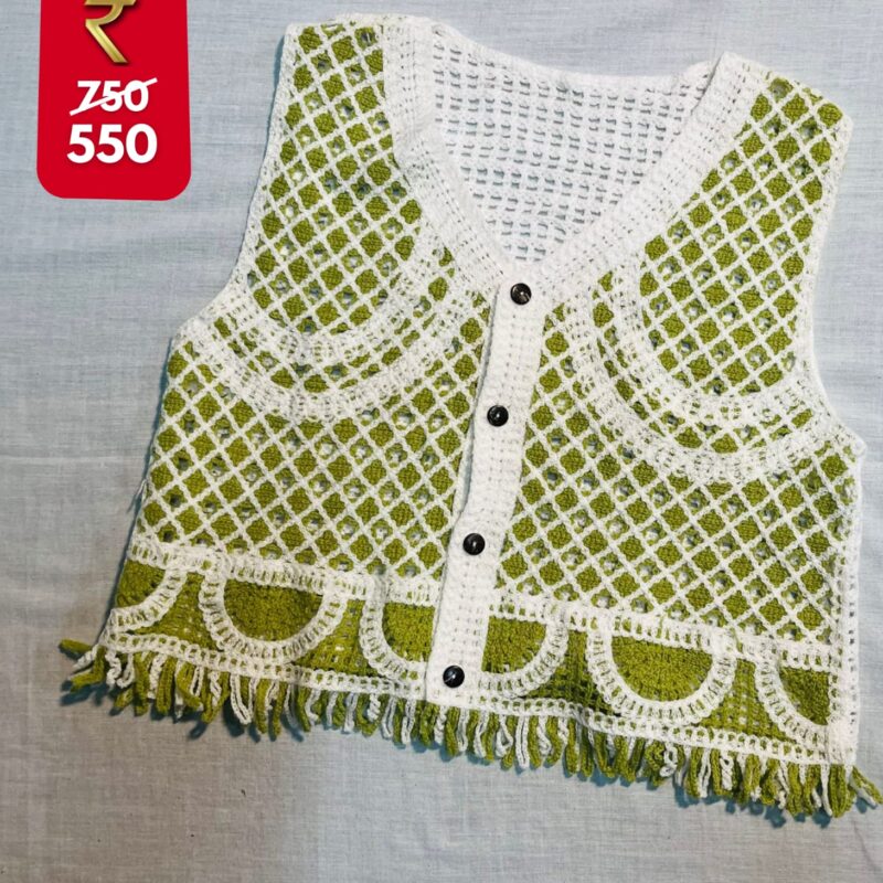 Hand‑crocheted Green & White Fringe Vest