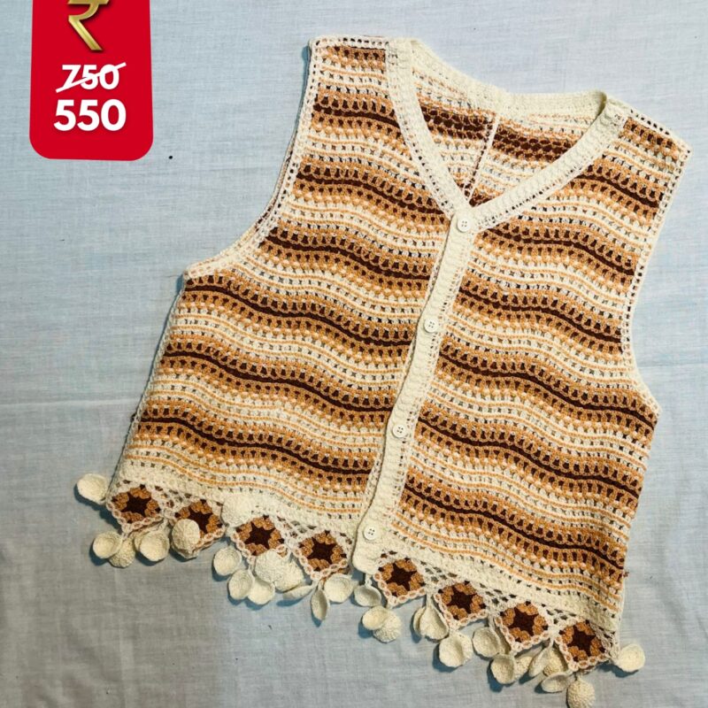 Hand‑crocheted Brown & White Fringe Vest