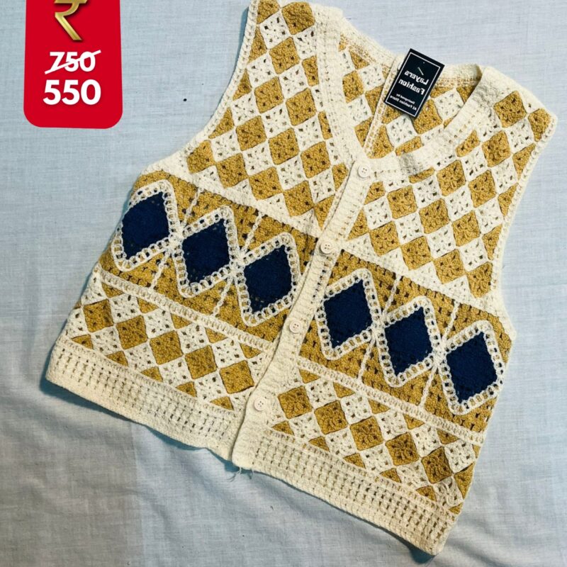 Hand‑crocheted Brown  Blue & White Fringe Vest
